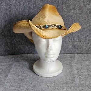 Jacobson Hat Co Straw Cowboy Hat Tan Turquoise Concho Western Boho Sun Hat